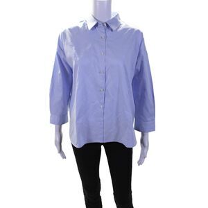 Birds of Paradis Womens Cotton Collared Button Cuff Long Sleeve Top Blue Size S